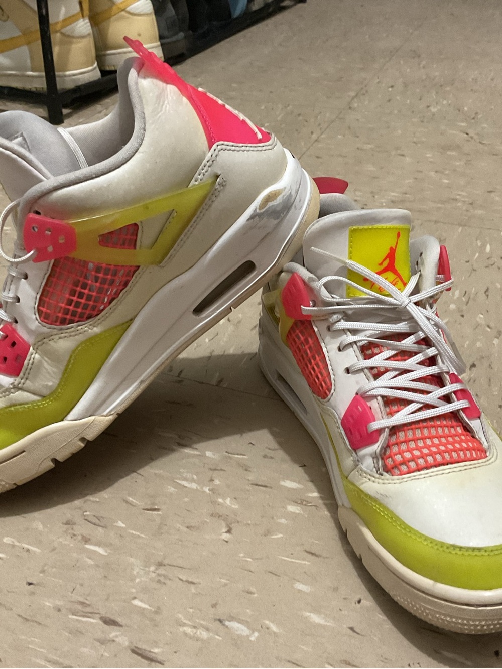 Women’s Jordan fours, White Sneakers with Neon Pink and Lime Accents